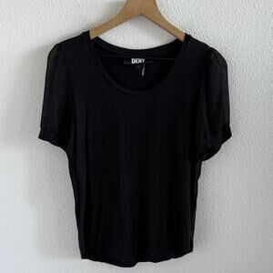 DKNY Elevated Black Short Sleeve Top with Semi Sheer Puff Sleeve Small